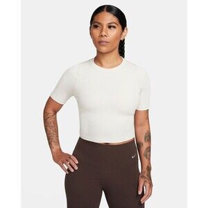 Nike Zenvy Rib Women's Short-Sleeve Cropped Top XS  Light Orewood Brown/White